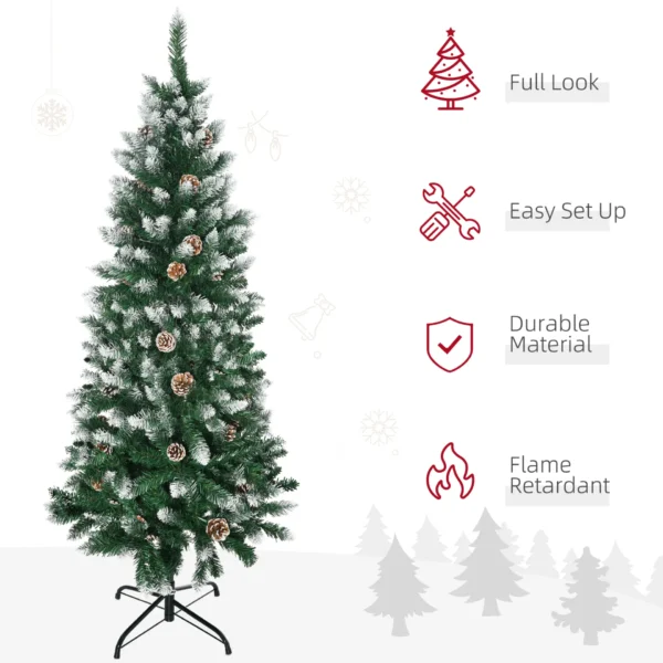 HOMCOM 5 Ft Snow Artificial Christmas Tree with Realistic Branches, Pine Cone, for Indoor Decoration, Green White - Image 4