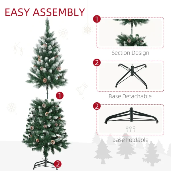 HOMCOM 5 Ft Snow Artificial Christmas Tree with Realistic Branches, Pine Cone, for Indoor Decoration, Green White - Image 8