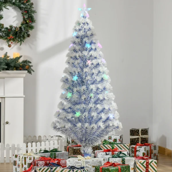 HOMCOM 5FT Artificial Fibre Optic Christmas Tree Seasonal Decoration w/ LED Lights Pre-Lit Easy Store White Blue - Image 2