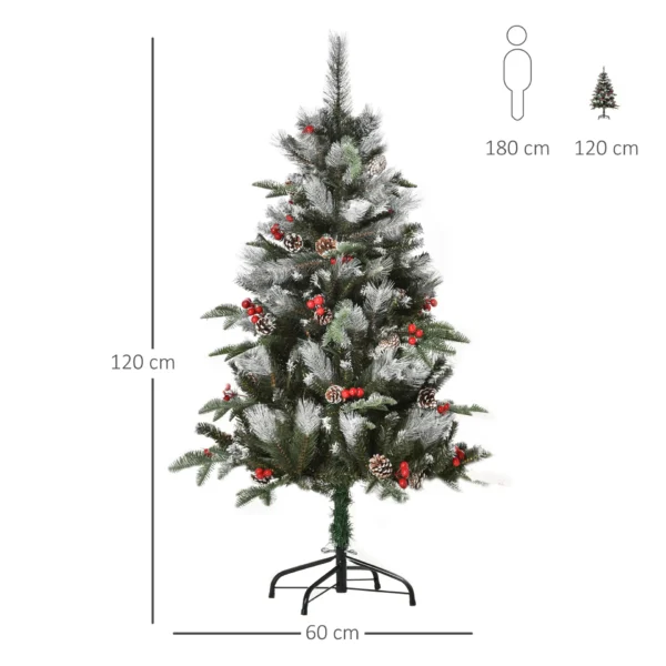 HOMCOM 4FT Artificial Snow Dipped Christmas Tree Xmas Pencil Tree Holiday Home Party Decoration with Foldable Feet Red Berries White Pinecones, Green - Image 3