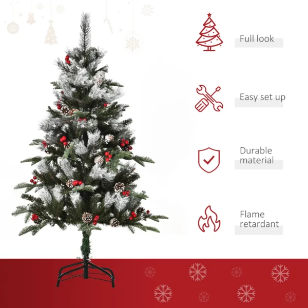 HOMCOM 4FT Artificial Snow Dipped Christmas Tree Xmas Pencil Tree Holiday Home Party Decoration with Foldable Feet Red Berries White Pinecones, Green - Image 5