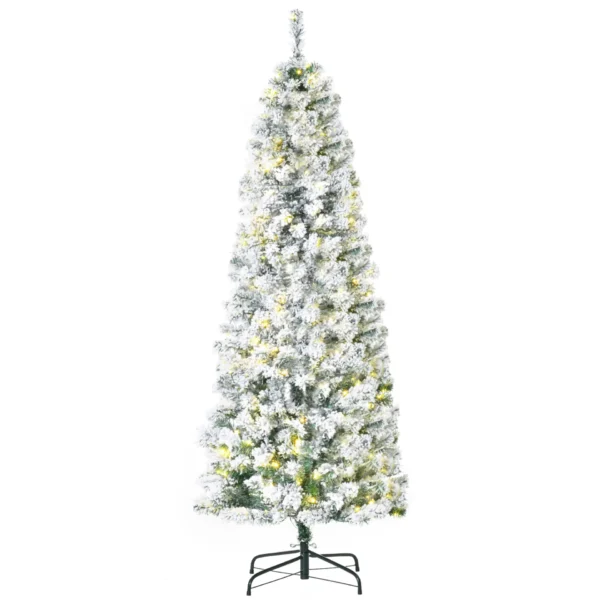 HOMCOM 6FT Prelit Artificial Snow Flocked Christmas Tree with Warm White LED Light, Holiday Home Xmas Decoration, Green White