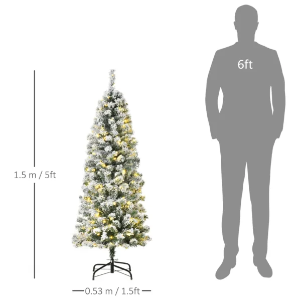 HOMCOM 5FT Prelit Artificial Snow Flocked Christmas Tree with Warm White LED Light, Holiday Home Xmas Decoration, Green White - Image 3