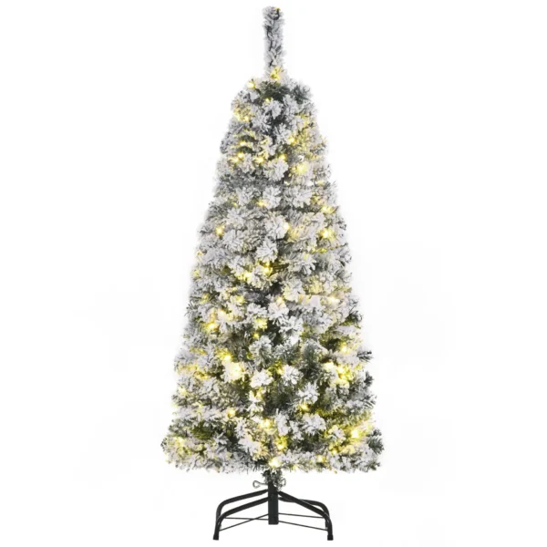 HOMCOM 4FT Prelit Artificial Snow Flocked Christmas Tree with Warm White LED Light, Holiday Home Xmas Decoration, Green White