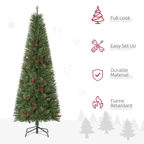 HOMCOM 6ft Pencil Artificial Christmas Tree with Realistic Branches, Red Berries, Auto Open, Green - Image 4