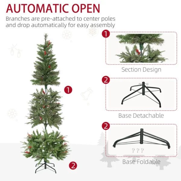 HOMCOM 6ft Pencil Artificial Christmas Tree with Realistic Branches, Red Berries, Auto Open, Green - Image 6