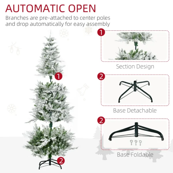 HOMCOM 6 Ft Pencil Snow Flocked Artificial Christmas Tree with Realistic Cypress Branches, Auto Open, Green - Image 6