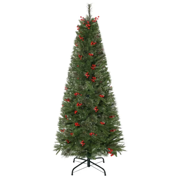 HOMCOM 5ft Pencil Artificial Christmas Tree with Realistic Branches, Red Berries, Auto Open, Green