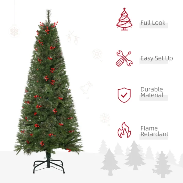 HOMCOM 5ft Pencil Artificial Christmas Tree with Realistic Branches, Red Berries, Auto Open, Green - Image 4