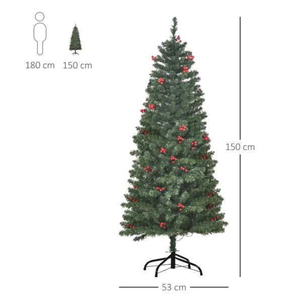 HOMCOM 5FT Prelit Artificial Pencil Christmas Tree with Warm White LED Light, Red Berry, Holiday Home Xmas Decoration, Green - Image 3