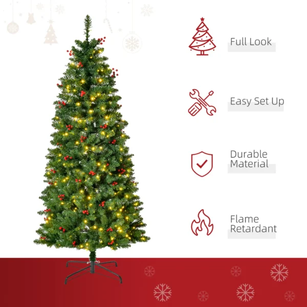 HOMCOM 5FT Prelit Artificial Pencil Christmas Tree with Warm White LED Light, Red Berry, Holiday Home Xmas Decoration, Green - Image 4