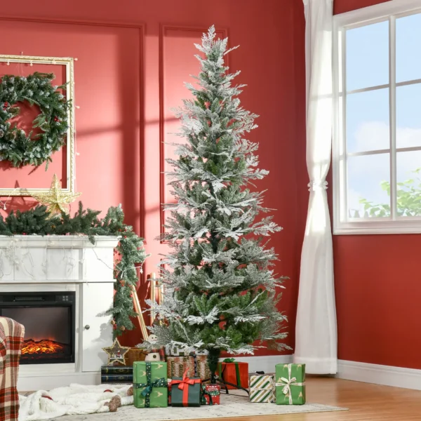 HOMCOM 7 Ft Pencil Snow Flocked Artificial Christmas Tree with Realistic Cypress Branches, Auto Open, Green - Image 2