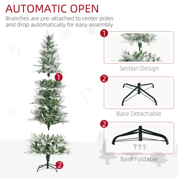 HOMCOM 7 Ft Pencil Snow Flocked Artificial Christmas Tree with Realistic Cypress Branches, Auto Open, Green - Image 6