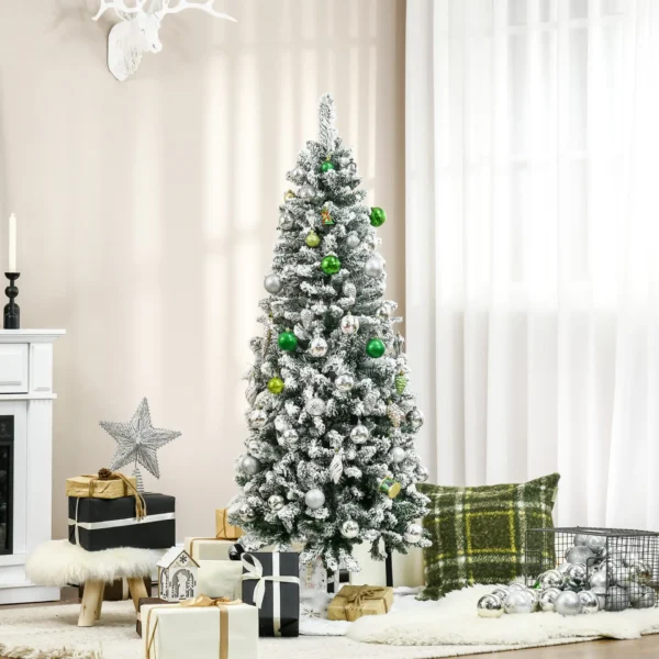 HOMCOM 5 Ft Snow Flocked Artificial Christmas Tree, Xmas Pencil Tree with Realistic Branches, Auto Open, Pinewood Base, Green - Image 2