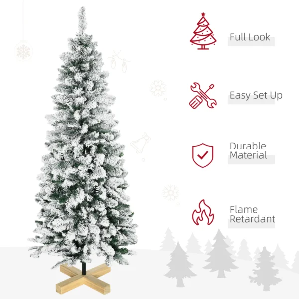 HOMCOM 5 Ft Snow Flocked Artificial Christmas Tree, Xmas Pencil Tree with Realistic Branches, Auto Open, Pinewood Base, Green - Image 4