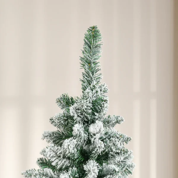 HOMCOM 5 Ft Snow Flocked Artificial Christmas Tree, Xmas Pencil Tree with Realistic Branches, Auto Open, Pinewood Base, Green - Image 8