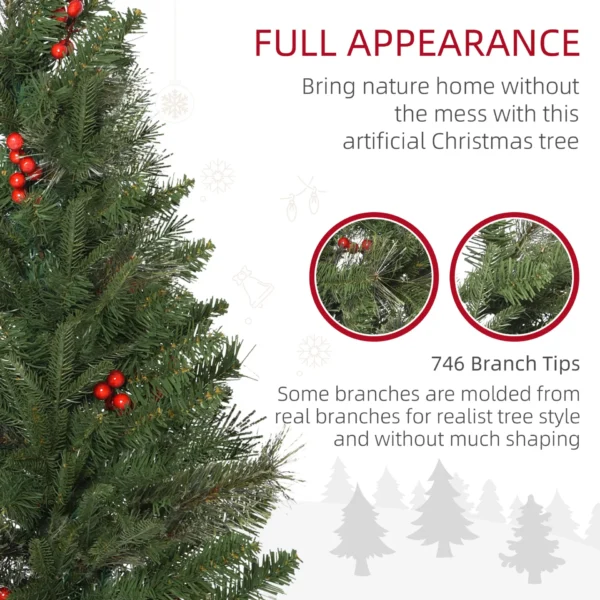 HOMCOM 7ft Pencil Artificial Christmas Tree with Realistic Branches, Red Berries, Auto Open, Green - Image 5