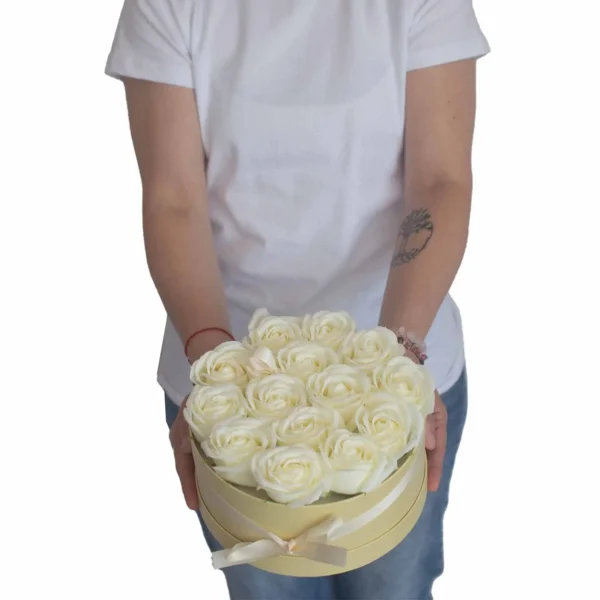 Soap Flower Gift Bouquet - 14 Cream Roses - Round - Image 11