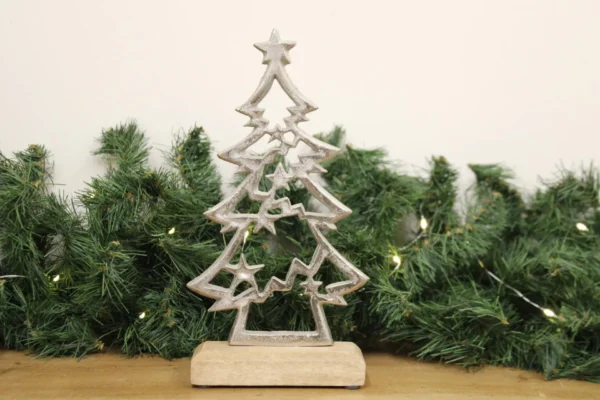 Silver Christmas Tree On Wooden Base Small - Image 3