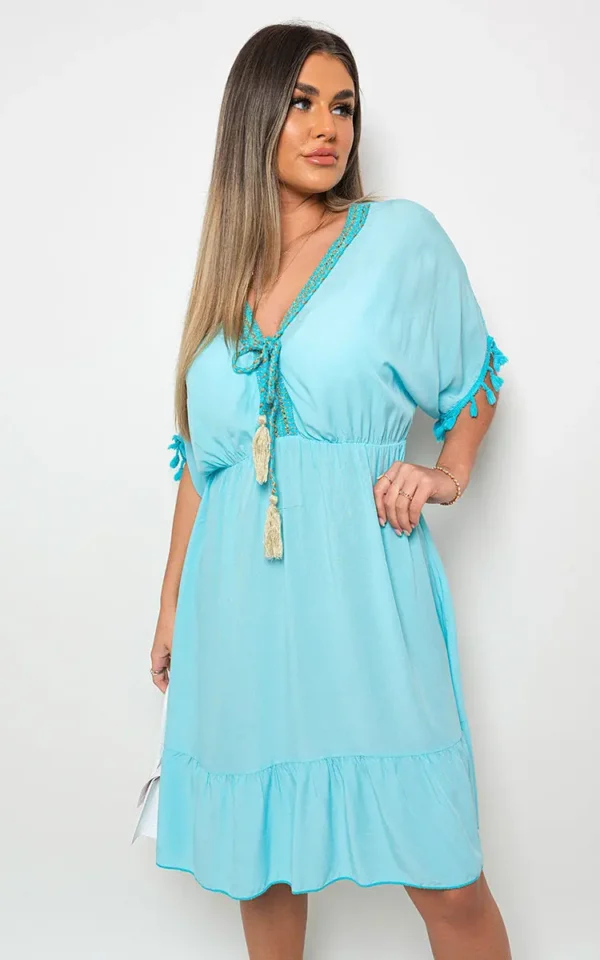 V-Neck Short Sleeve Midi Dress with Tassel Detail - Image 114