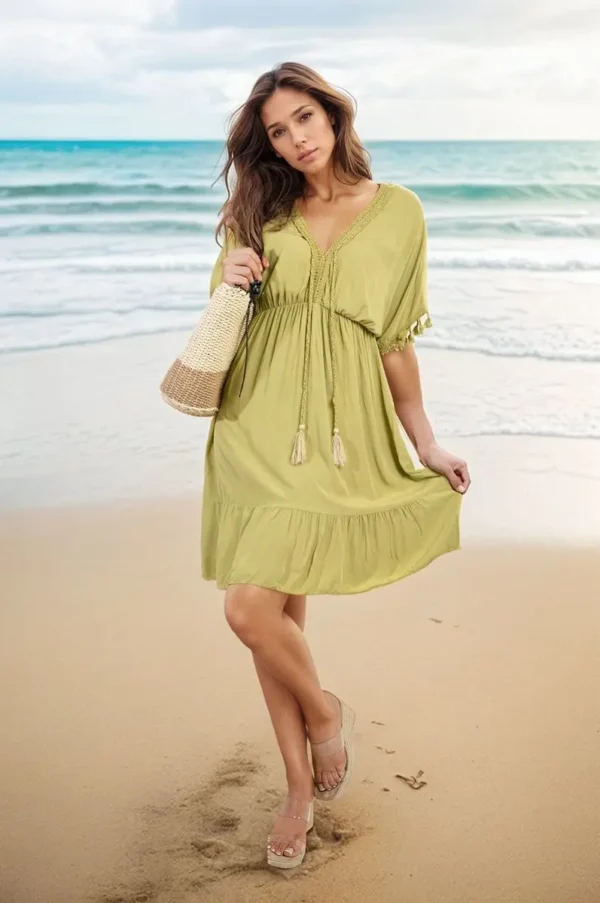 V-Neck Short Sleeve Midi Dress with Tassel Detail - Image 4