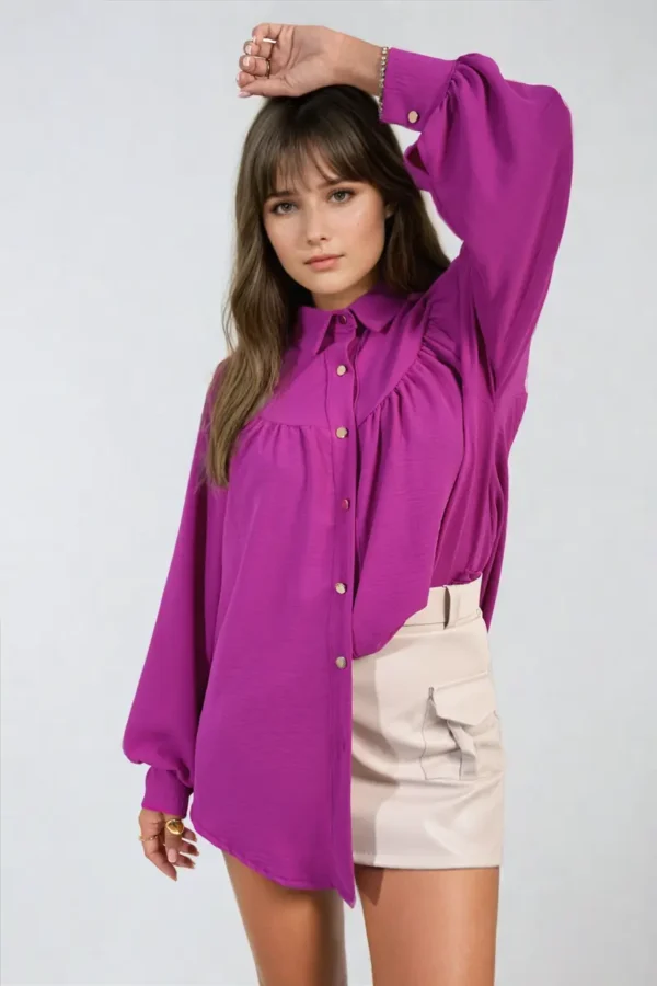 High Neckline Button Front Balloon Sleeve Top - Image 2