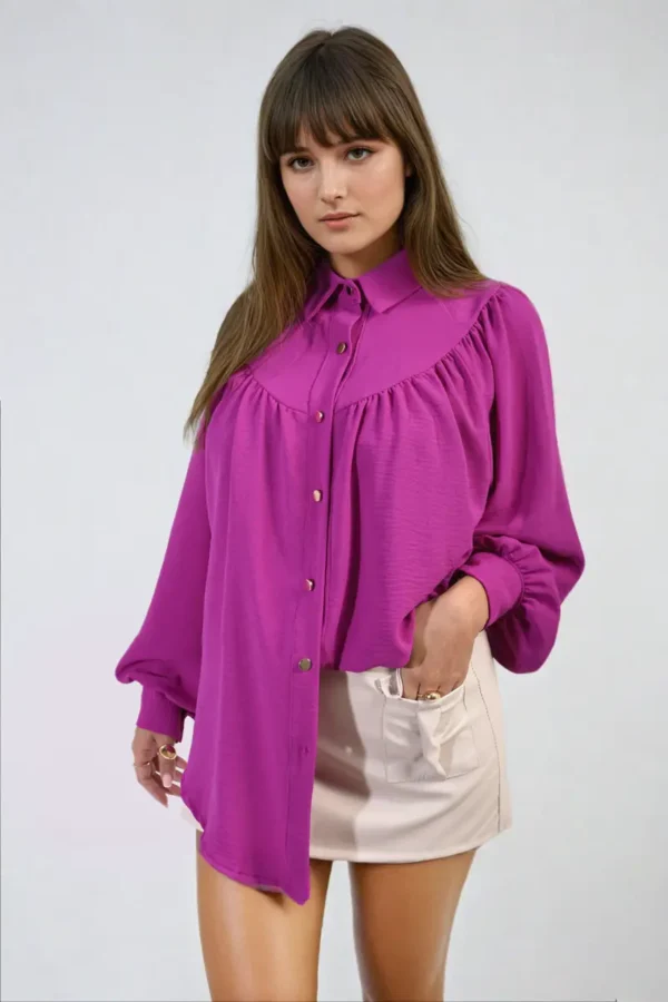 High Neckline Button Front Balloon Sleeve Top - Image 4