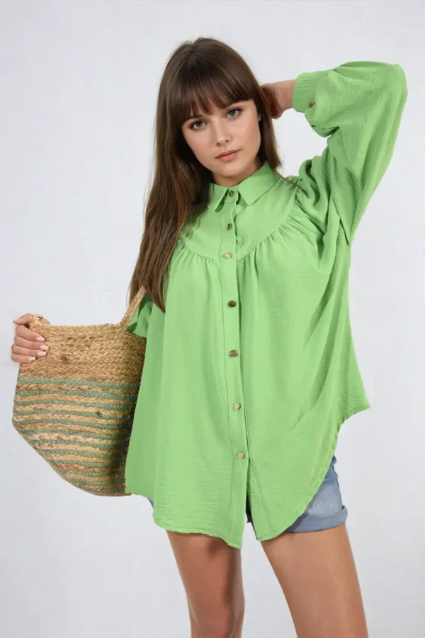 High Neckline Button Front Balloon Sleeve Top - Image 3