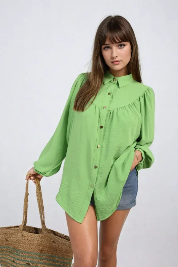 High Neckline Button Front Balloon Sleeve Top - Image 6