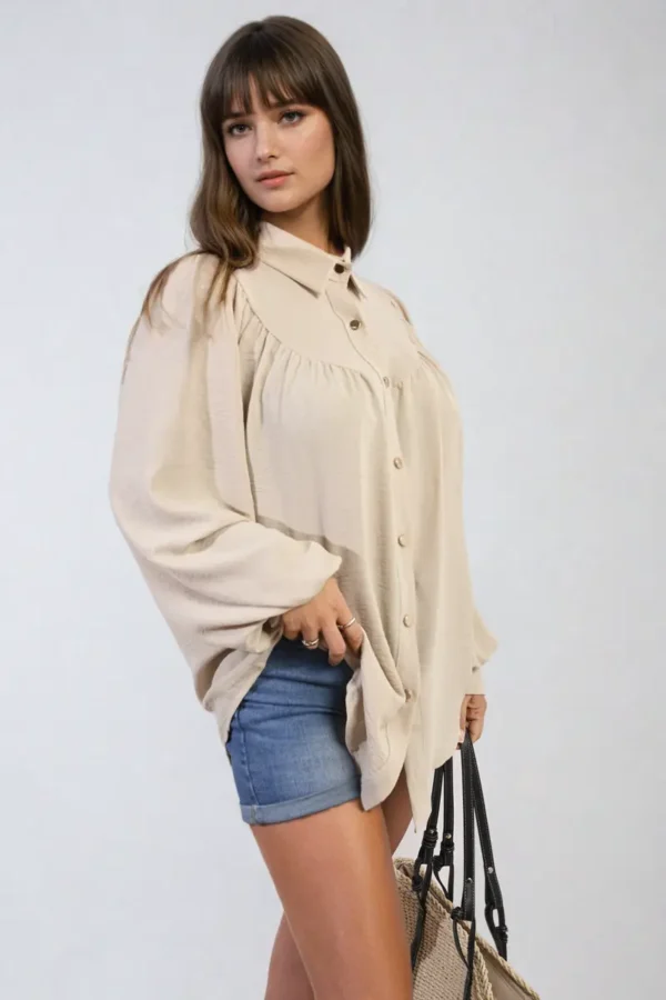 High Neckline Button Front Balloon Sleeve Top - Image 8