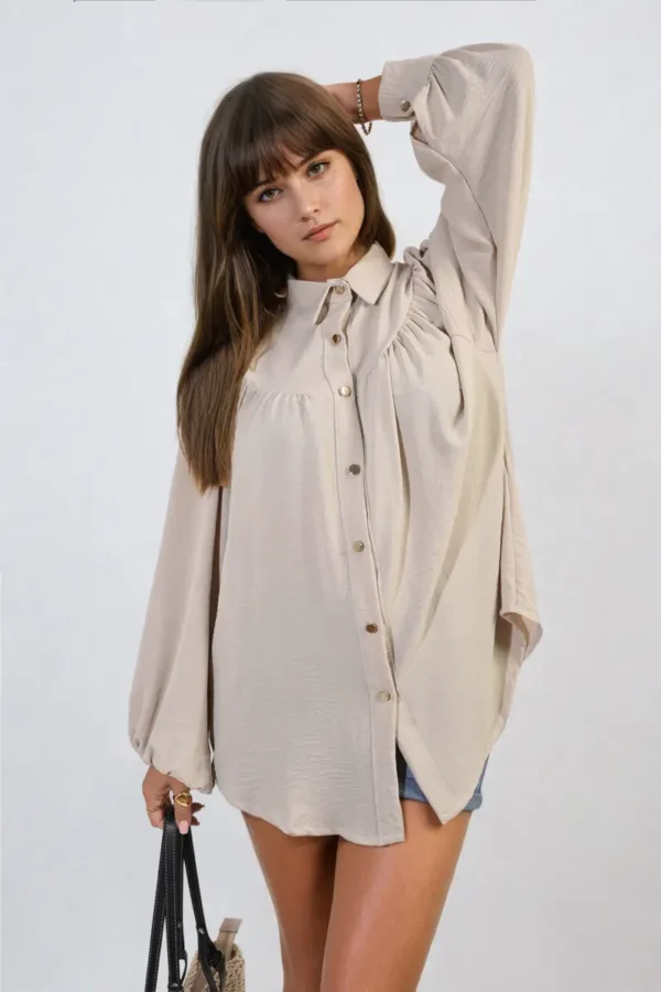 High Neckline Button Front Balloon Sleeve Top - Image 9