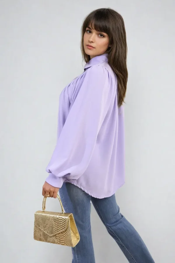 High Neckline Button Front Balloon Sleeve Top - Image 15