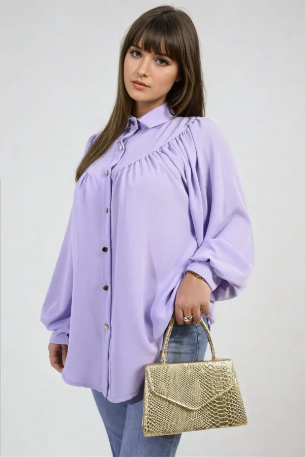 High Neckline Button Front Balloon Sleeve Top - Image 16