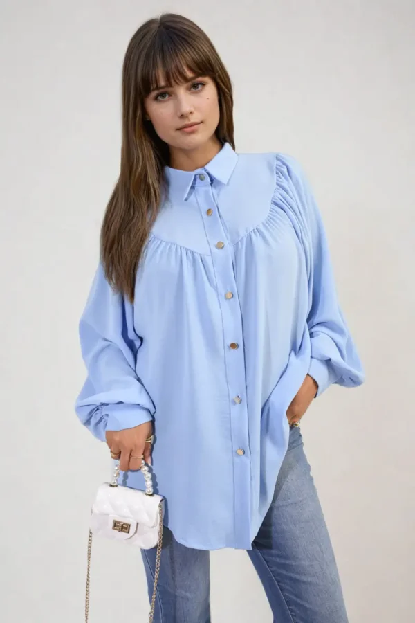 High Neckline Button Front Balloon Sleeve Top - Image 19