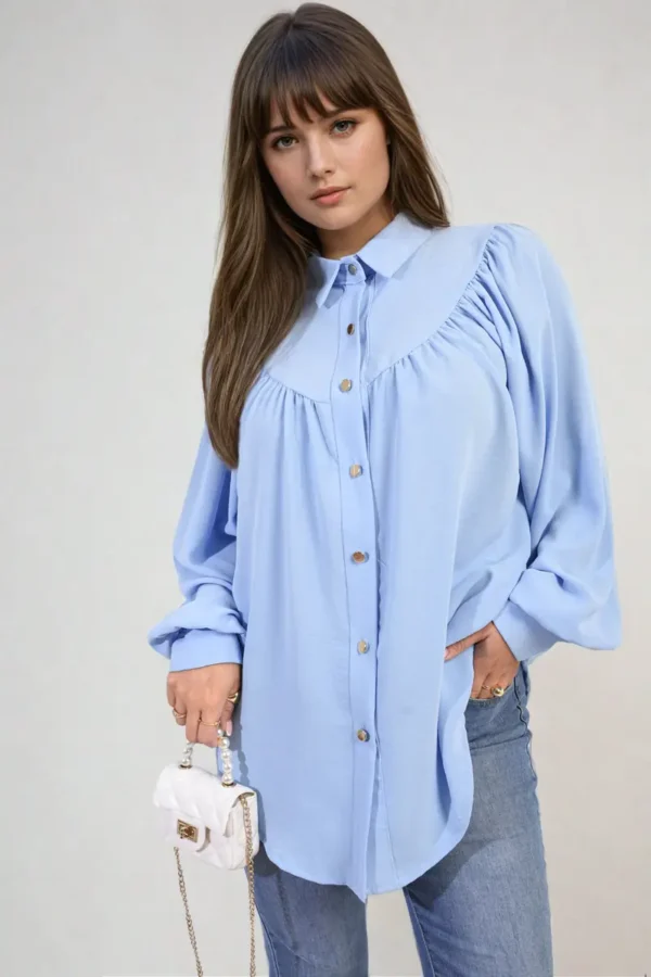 High Neckline Button Front Balloon Sleeve Top - Image 20