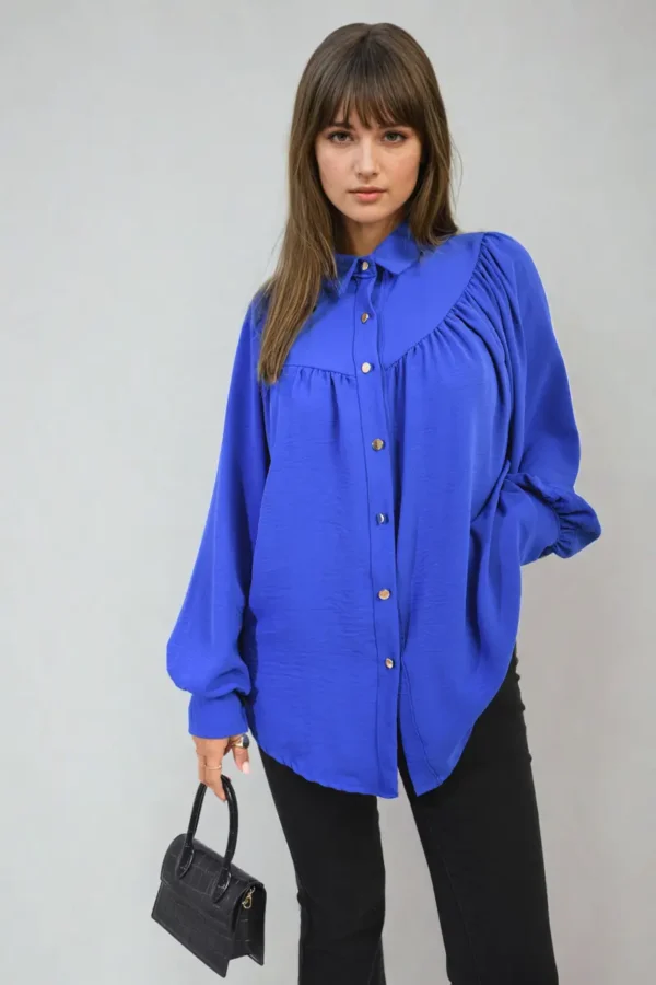 High Neckline Button Front Balloon Sleeve Top - Image 21