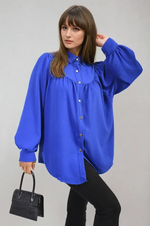 High Neckline Button Front Balloon Sleeve Top - Image 23