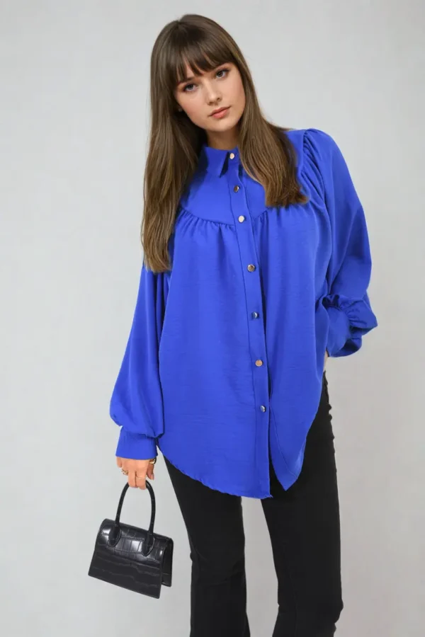 High Neckline Button Front Balloon Sleeve Top - Image 25