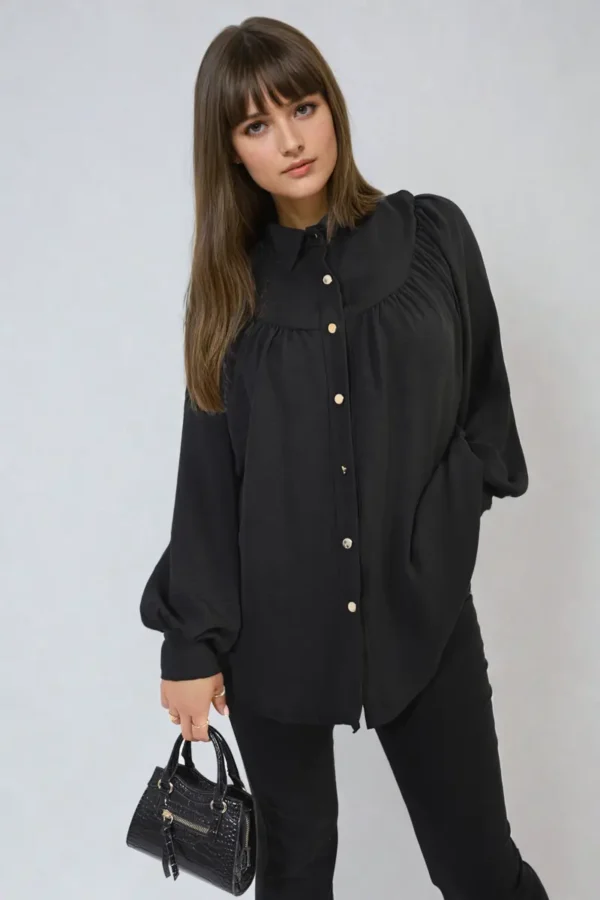 High Neckline Button Front Balloon Sleeve Top - Image 24