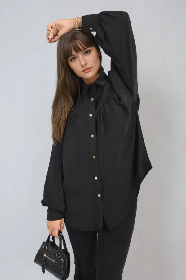 High Neckline Button Front Balloon Sleeve Top - Image 27