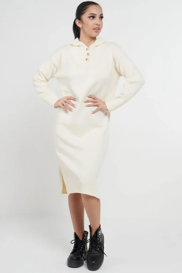 Longline Hooded Jumper Dress In Beige