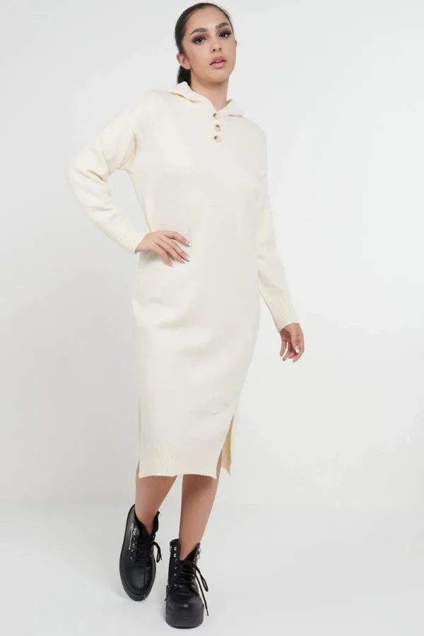 Longline Hooded Jumper Dress In Beige - Image 2