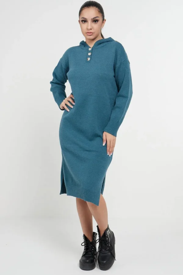 Longline Hooded Jumper Dress In Jade Green