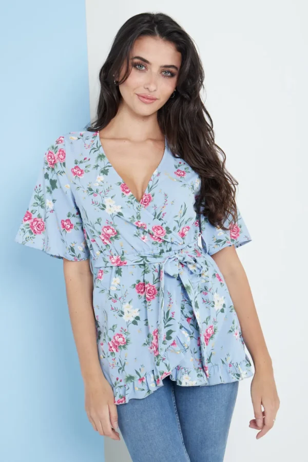 Blue Floral Wrap Top - Image 2