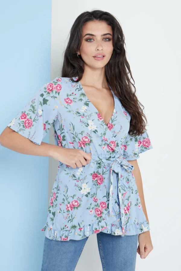 Blue Floral Wrap Top - Image 5