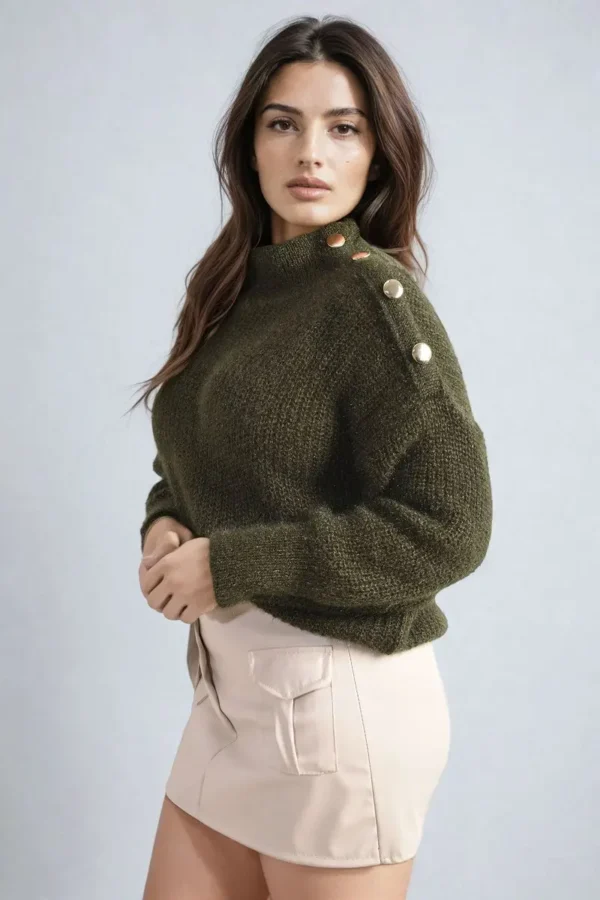 Buttons Long Sleeves Chunky Knit Top - Image 3