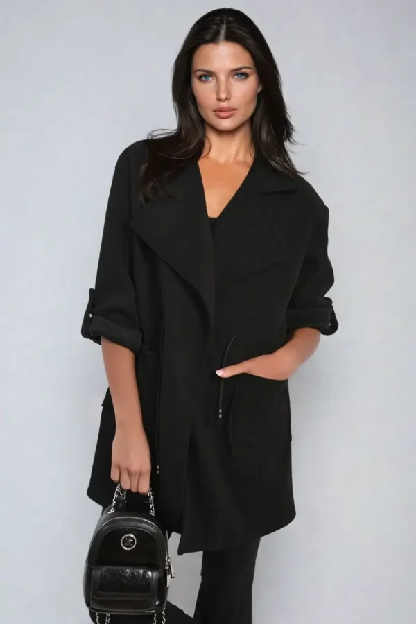 Roll Tab Sleeve Drawstring Waist Open Front Trench Coat Jacket - Image 9