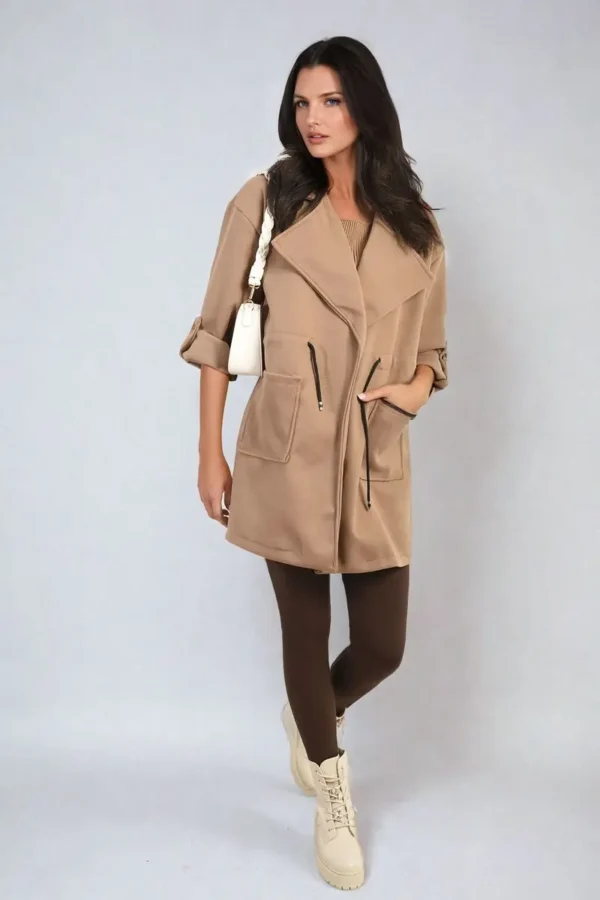 Roll Tab Sleeve Drawstring Waist Open Front Trench Coat Jacket - Image 12