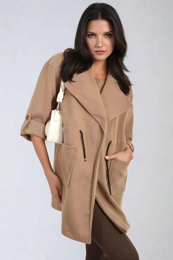 Roll Tab Sleeve Drawstring Waist Open Front Trench Coat Jacket - Image 14