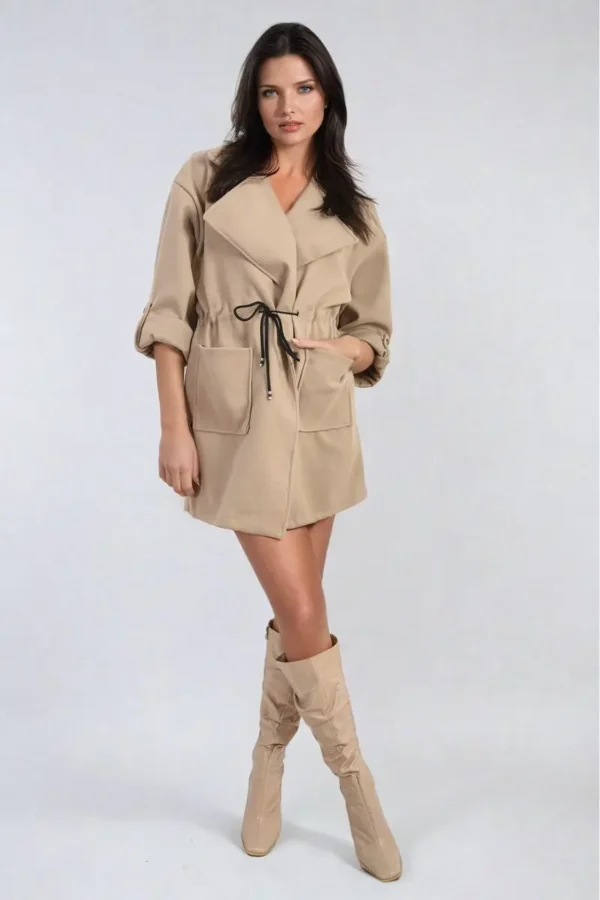 Roll Tab Sleeve Drawstring Waist Open Front Trench Coat Jacket - Image 15